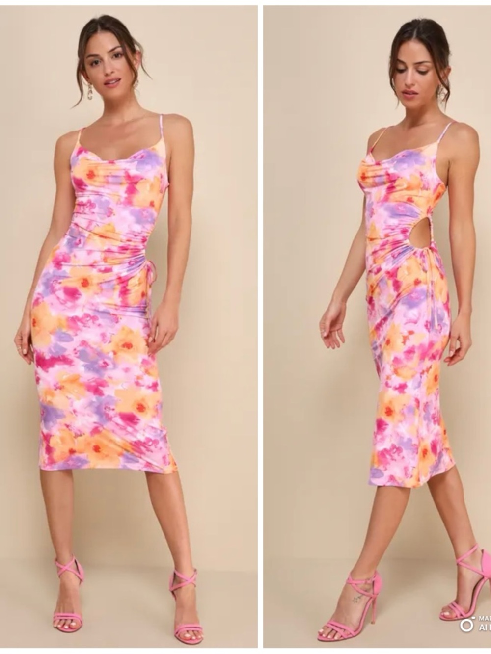 Floral Tie-Dye Cutout Slip Midi Dress - Pink & Purple
